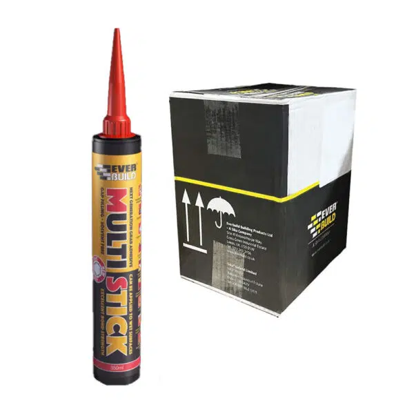 This image displays the front of the product which is a Everbuild Multi-Stick - White 350ml (Box of 12)