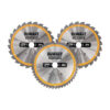 This image displays the front of the product which is a DeWalt Construction Circular Saw Blade - 3 Piece 250mm
