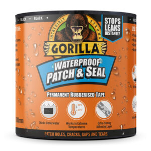 This image displays the front of the product which is a Gorilla Waterproof Patch & Seal Tape - Black 100mm x 3m