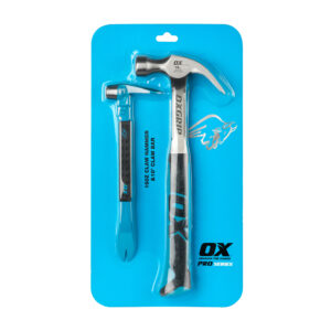 This image displays the front of the product which is a OX Pro 16oz claw hammer and 10in Claw Bar Twin pack