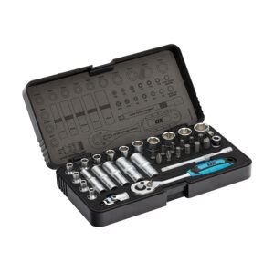 This image displays the OX Trade 14Drive Socket Set - 35 Piece opened