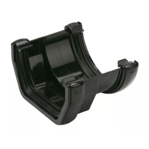 This image displays the front of the product which is a FloPlast Half Round Square Line Gutter Adaptor - Black