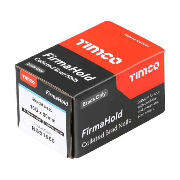 This image displays the front of the product which is a Timco FimaHold Straight Brad Austenitic Stainless Steel Nails - 16G x 50mm (Qty 2000)
