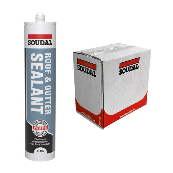 This image displays the front of the product which is a Soudal Roof & Gutter Sealant – Black 290ml (Box of 12)